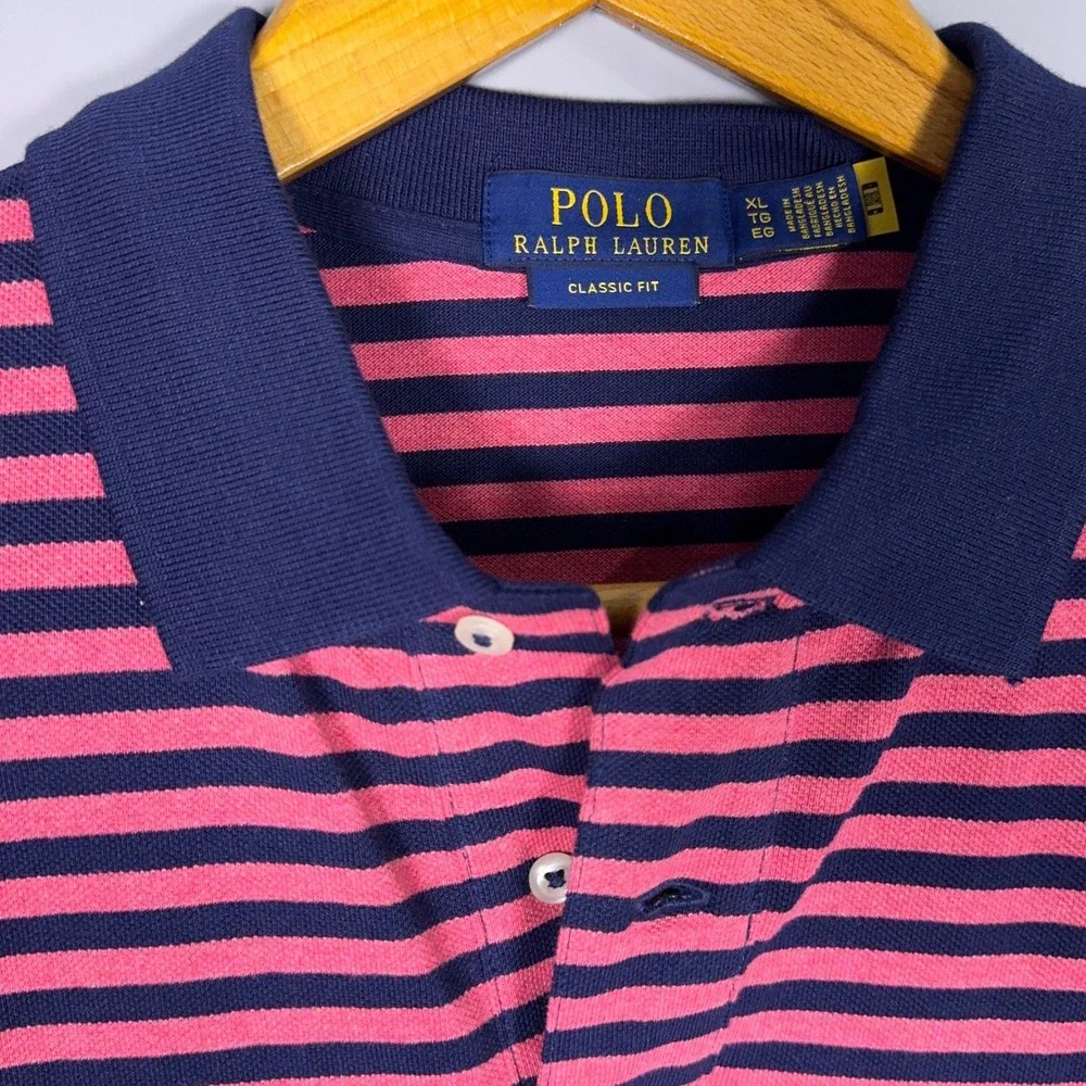 Polo Ralph Lauren Classic Fit Polo Shirt Mens Size XL Striped Pink Navy Preppy